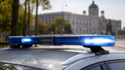Blaues Blaulicht leuchtet auf dem Dach eines silbernen Polizeifahrzeugs vor unscharfem Gebäude.
