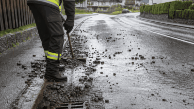 Feuerwehrmann in Warnkleidung räumt Steine aus einem nassen Straßengully auf der Fahrbahn