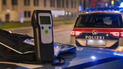 Ein Atemalkoholmessgerät steht auf der Motorhaube eines Polizeiautos mit Blaulicht im Hintergrund.