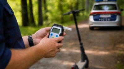 Polizist hält Atemalkoholtestgerät in Händen auf Waldweg mit E-Scooter und Streifenwagen im Hintergrund