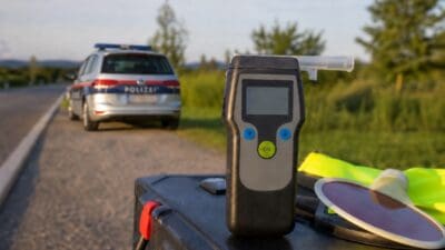 Ein Atemalkoholtestgerät mit Mundstück steht auf einem schwarzen Koffer vor einem Polizeifahrzeug.