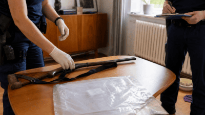 Polizistin mit weißen Handschuhen berührt eine Schrotflinte auf einem Holztisch in einer Wohnung.