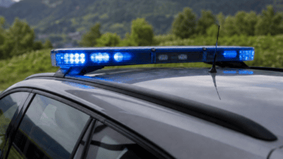 Blaues Blaulicht auf dem Dach eines silbernen Polizeifahrzeugs vor Berglandschaft