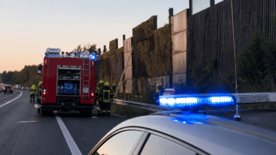 Blaulicht eines Polizeifahrzeugs im Vordergrund und rotes Feuerwehrfahrzeug an einer Lärmschutzwand auf der Autobahn