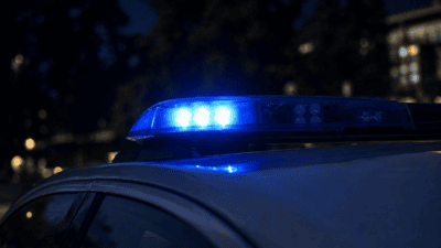 Blaues Blaulicht leuchtet auf dem Dach eines Polizeifahrzeugs in der Dunkelheit.
