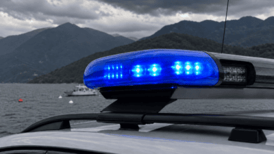 Eingeschaltetes blaues Blaulicht auf dem Dach eines Polizeifahrzeugs vor einem See und Bergen unter bewölktem Himmel