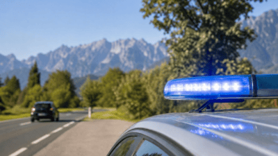 Blaues Blaulicht leuchtet auf dem Dach eines Polizeiautos vor Bergen und einer Landstraße.
