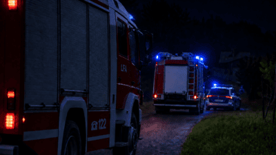 Rotes Feuerwehrfahrzeug im Vordergrund und weitere Einsatzfahrzeuge mit Blaulicht auf einer Landstraße bei Nacht.