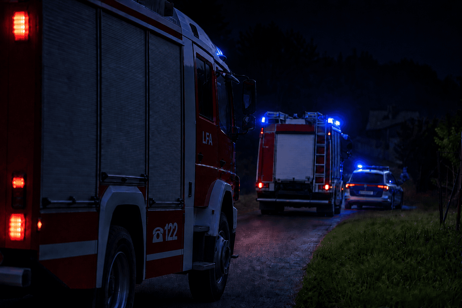 Rotes Feuerwehrfahrzeug im Vordergrund und weitere Einsatzfahrzeuge mit Blaulicht auf einer Landstraße bei Nacht.