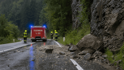 Rotes Feuerwehrfahrzeug mit Blaulicht auf nasser Straße neben Felsbrocken und Einsatzkräften im Bergwald