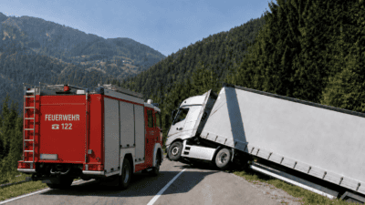 Rotes Feuerwehrfahrzeug und schräg geneigter weißer Sattelzug auf einer Bergstraße im Alpengebirge