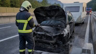 Feuerwehrmann in Schutzkleidung löscht mit Wasserschlauch den Motor eines ausgebrannten Autos auf der Autobahn
