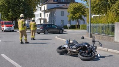 Zwei Feuerwehrleute in Schutzkleidung stehen neben einem liegenden Motorrad auf einer Straße.