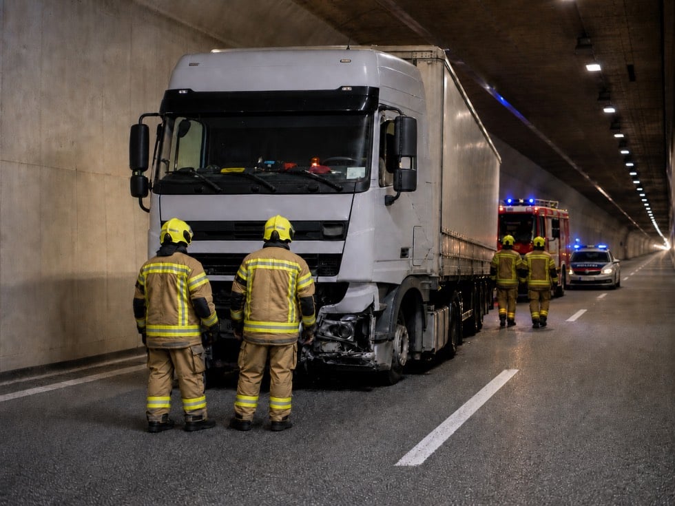 Zwei Feuerwehrleute in Schutzkleidung stehen vor der Front eines verunfallten weißen Lkw im Tunnel.