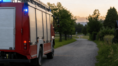 Rotes Feuerwehrfahrzeug mit aktiviertem Blaulicht auf einer Landstraße im Abendlicht