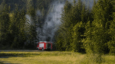Rotes Feuerwehrfahrzeug parkt auf einer Wiese vor einem rauchigen Nadelwald