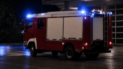 Rotes Feuerwehrfahrzeug mit blauen Blinklichtern parkt nachts auf nassem Asphalt