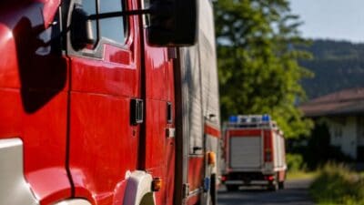 Nahaufnahme eines roten Feuerwehrfahrzeugs mit einem weiteren Einsatzfahrzeug mit Blaulicht im Hintergrund