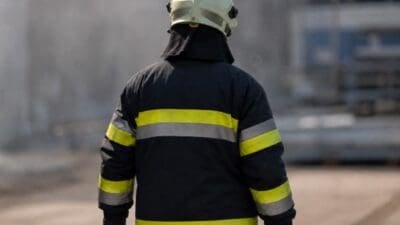 Rückenansicht eines Feuerwehrmanns in dunkler Jacke mit gelben und silbernen Reflexstreifen sowie Helm im dichten Rauch