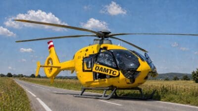 Gelber ÖAMTC-Rettungshubschrauber mit geöffneter Tür steht auf einer Landstraße unter blauem Himmel.
