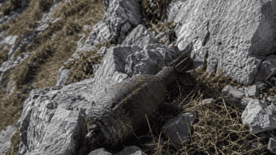 Rostige Weltkriegsgranate mit Heckflossen liegt zwischen Steinen auf einem Berg.