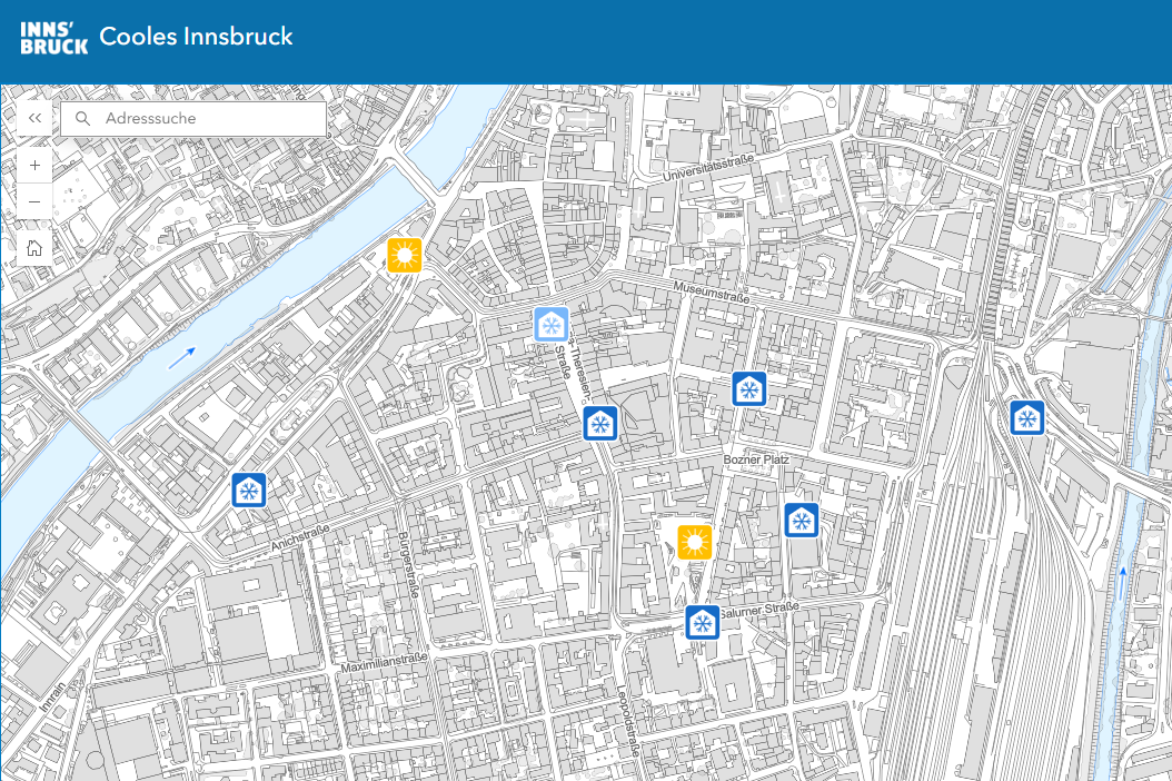 Interaktive Karte von Innsbruck mit blauen Schneeflocken-Symbolen und gelben Sonnen-Symbolen für Cooling Zones.