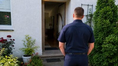 Ein Mann in dunkler Kleidung steht vor einem offenen Hauseingang und blickt hinein.