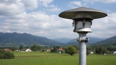 Graue Metallsirene auf einem Pfahl vor grüner Wiese mit alpiner Dorfkulisse und Bergen im Hintergrund
