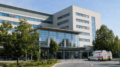 Ein modernes Krankenhaus mit großer Glasfassade und zwei Rettungswagen davor