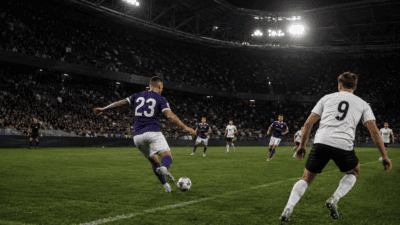 Fußballspieler Nummer 23 in lila Trikot schießt den Ball im Stadion unter Flutlicht