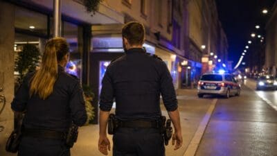 Eine Polizistin und ein Polizist gehen nachts auf dem Bürgersteig, ein Polizeiauto mit Blaulicht im Hintergrund.