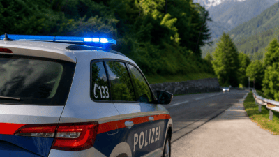 Österreichischer Polizeiwagen mit aktiviertem Blaulicht an einer Straße vor einer Berglandschaft.