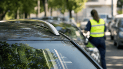 Parkwächterin mit Pferdeschwanz in gelber Warnweste zwischen geparkten Autos auf einer Straße