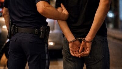 Polizist in blauer Uniform mit einem in Handschellen gefesselten Mann im Abendlicht