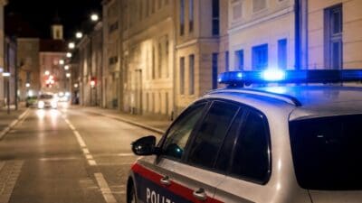 Polizeiwagen mit eingeschaltetem Blaulicht auf einer nächtlichen Stadtstraße
