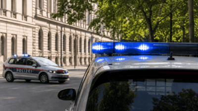 Zwei Polizeifahrzeuge mit leuchtendem Blaulicht vor einer historischen Fassade in Wien