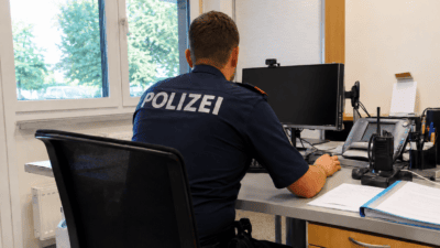 Rückenansicht eines Polizeibeamten in Uniform an einem Schreibtisch mit Computer und Funkgerät
