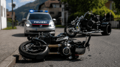 Ein gestürztes Motorrad liegt auf der Straße vor einem Polizeifahrzeug mit Blaulicht.