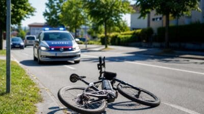 Ein umgestürztes E-Bike liegt auf der Straße neben einem Polizeiwagen mit Blaulicht.