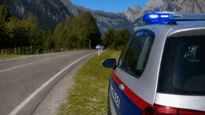 Polizeifahrzeug mit Blaulicht am Straßenrand vor Alpenbergen