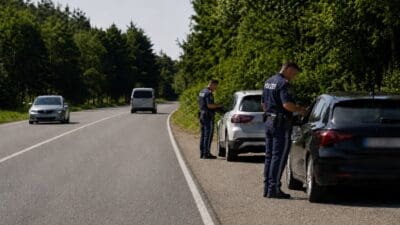 Zwei Polizisten in Uniform kontrollieren Fahrzeuge am Straßenrand einer von Bäumen gesäumten Landstraße.