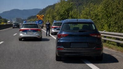 Polizeifahrzeuge mit Blaulicht und ein Polizist auf einer Autobahn vor Bergen