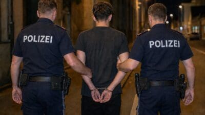 Zwei Polizisten führen einen jungen Mann mit Handschellen bei Nacht ab