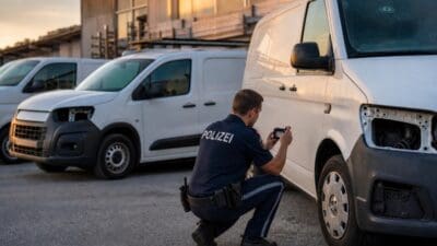 Polizist in Uniform kniet vor einem weißen Transporter und fotografiert die Schäden am Fahrzeug