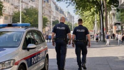Zwei Polizisten gehen von hinten neben einem Streifenwagen auf einer sonnigen Promenade.