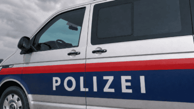 Silberner Polizeiwagen mit blauer und roter Seitenmarkierung sowie Blaulicht vor einem bewölkten Himmel
