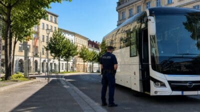 Polizist in Uniform steht neben einem weißen Reisebus auf einer Straße in Rosenbach