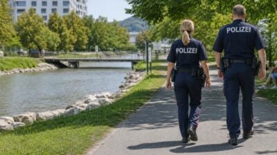 Polizistin und Polizist in Uniform gehen einen Weg am Flussufer entlang