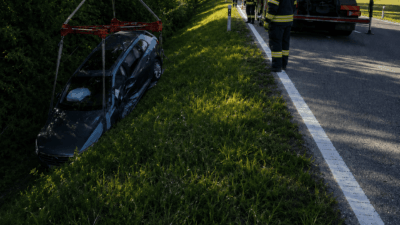 Ein beschädigtes Auto hängt an einem Kran über einem grasbewachsenen Abhang neben der Straße.