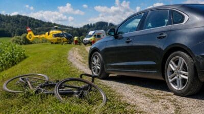 Umgestürztes Rennrad auf einer Wiese neben einem grauen Pkw mit gelbem Hubschrauber und Rettungswagen im Hintergrund